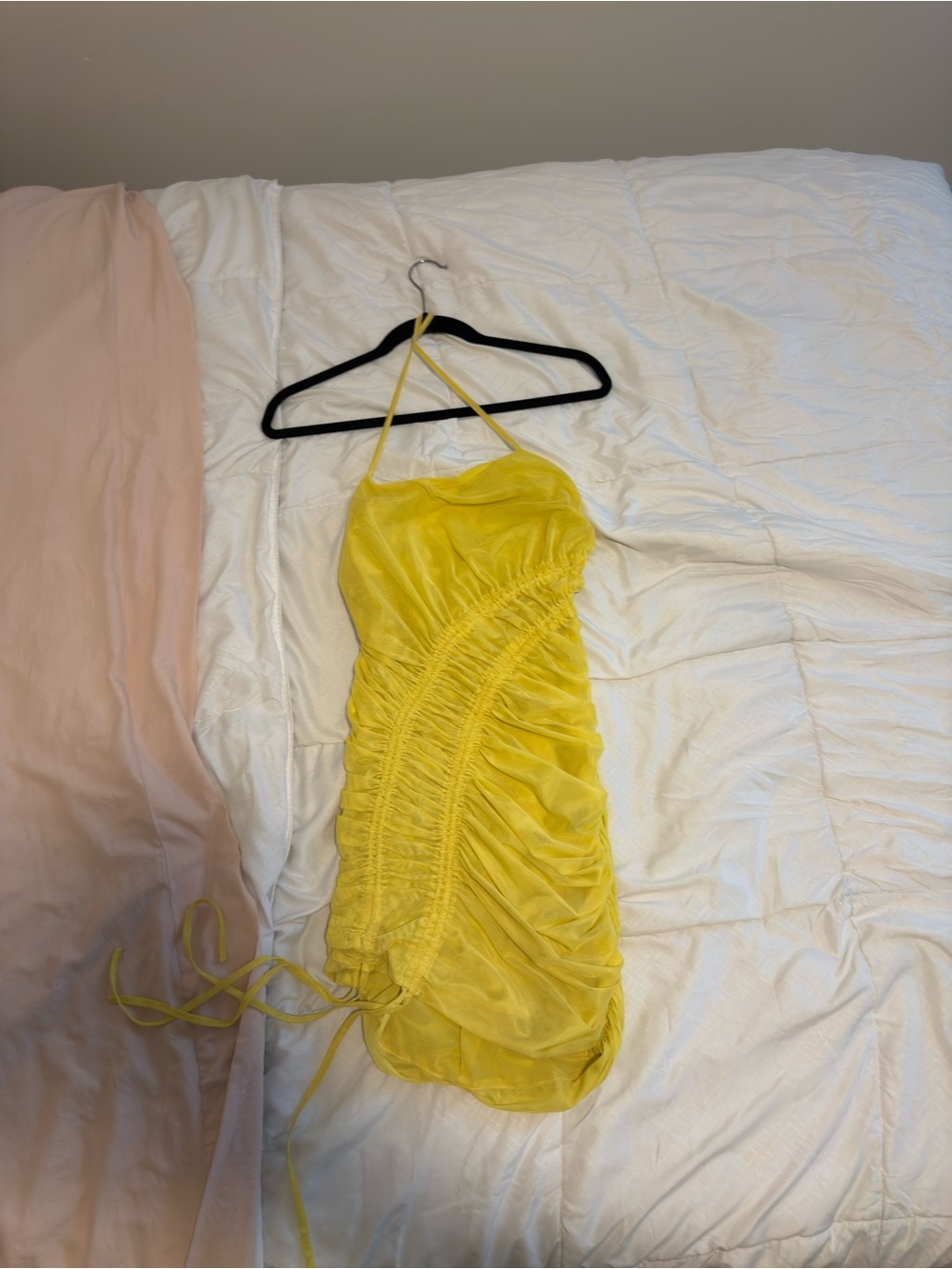 Yellow Ruched Halter Mini Dress